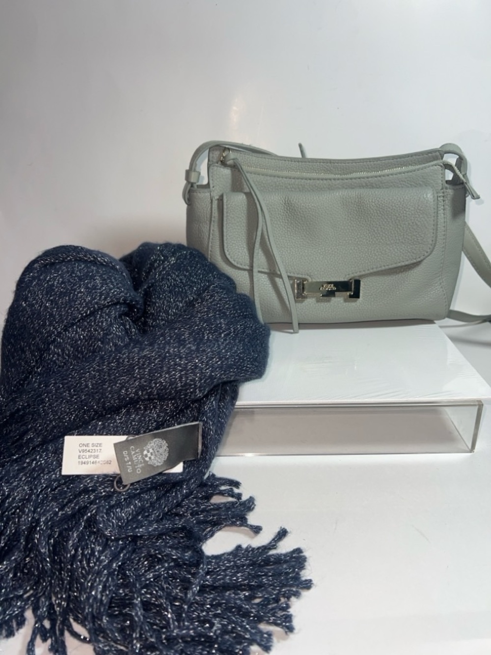 Vince Camuto Bundle: NWT Shimmer Scarf & Grey Leather Crossbody Bag